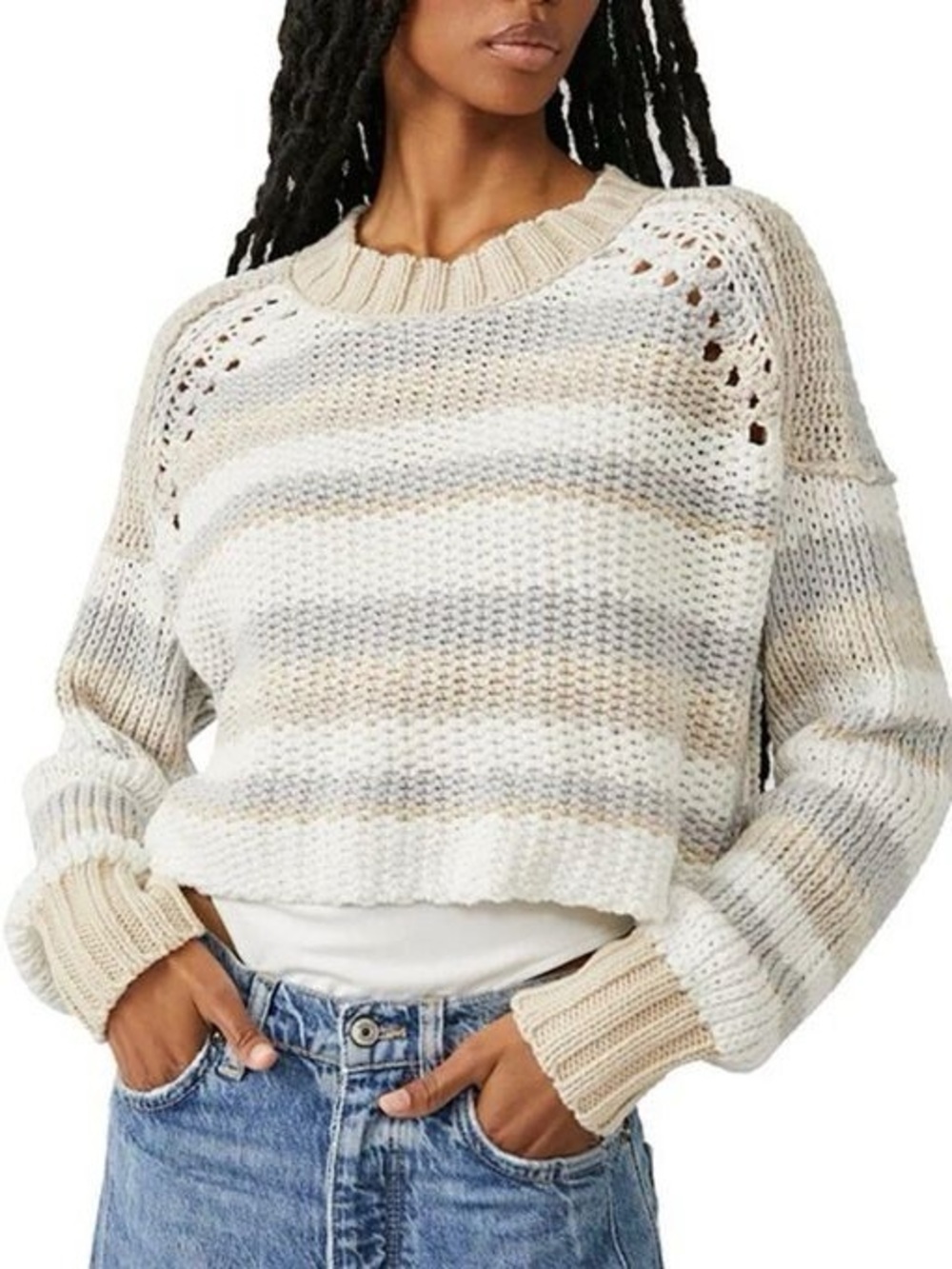 NWT Free People Devon Striped Cropped Sweater Large Gravity Combo Knit